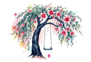 Willow tree with 7 branches with a swing hanging from one with florals tattoo idea