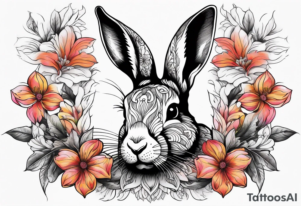 Realistic rabbit head in the middle of realistic flowers and leaves tattoo idea