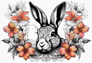 Realistic rabbit head in the middle of realistic flowers and leaves tattoo idea