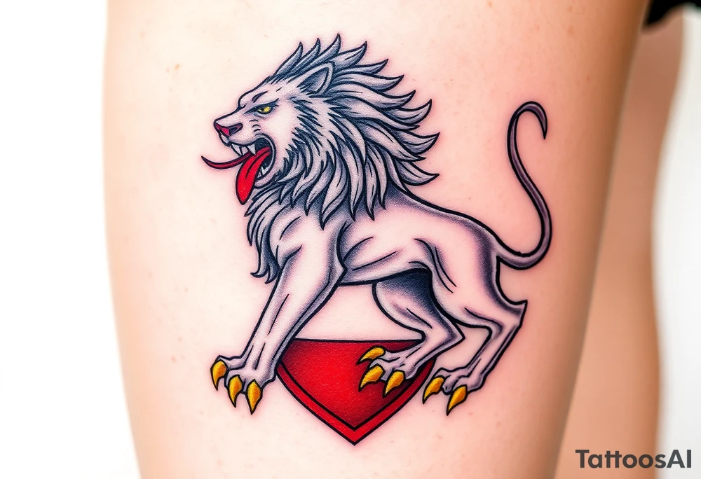 A majestic double-tailed silver lion with golden claws and a red tongue, standing proudly on a red shield, symbolizing strength and courage tattoo idea