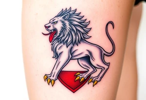 A majestic double-tailed silver lion with golden claws and a red tongue, standing proudly on a red shield, symbolizing strength and courage tattoo idea