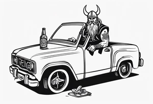 A Viking sitting in a car drinking a beer and smoking tattoo idea