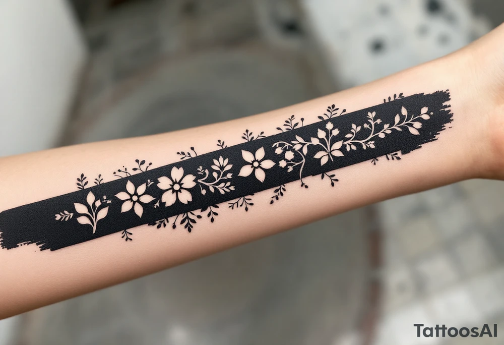A bold black stripe running along the forearm, featuring geometric cutouts that reveal intricate floral and vine patterns underneath. The contrast between solid black and negative space creates a modern, abstract effect, symbolizing strength and hidden depth. tattoo idea