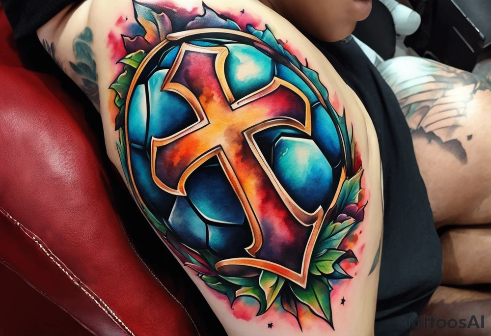 Cross made out football leather with watercolor background tattoo idea