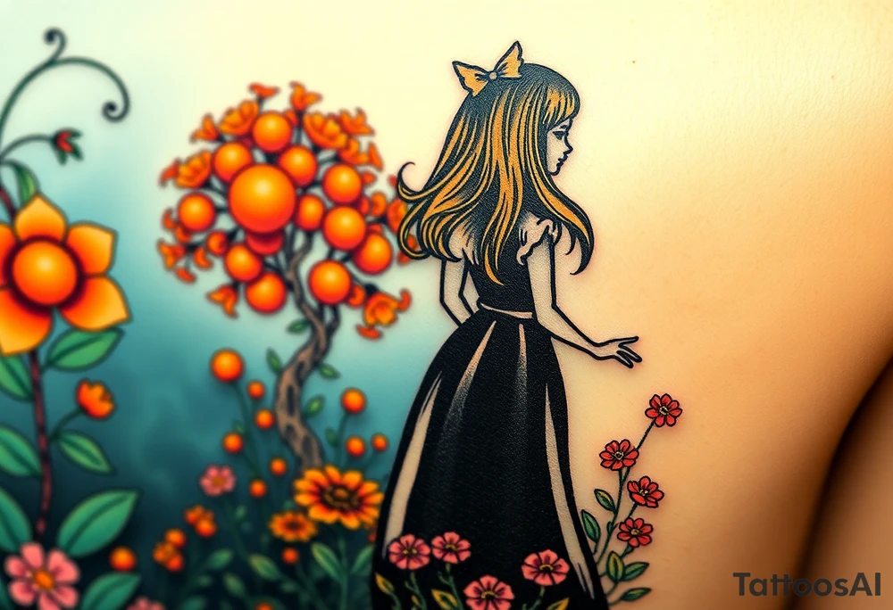 Alice in wonderland's back silhouette entering a garden. There is a orange tree, and flowers there. tattoo idea