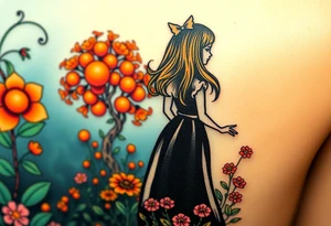 Alice in wonderland's back silhouette entering a garden. There is a orange tree, and flowers there. tattoo idea