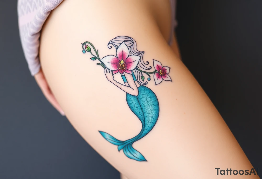 A mermaid holding an orchid flower, with soft ocean-inspired colors blending into the design tattoo idea