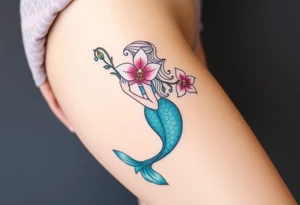 A mermaid holding an orchid flower, with soft ocean-inspired colors blending into the design tattoo idea