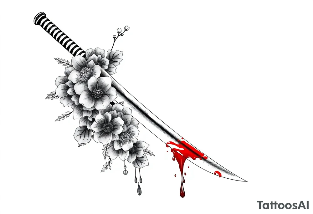 Katana with flowers and blood on the blade tattoo idea