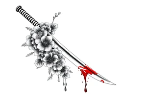 Katana with flowers and blood on the blade tattoo idea