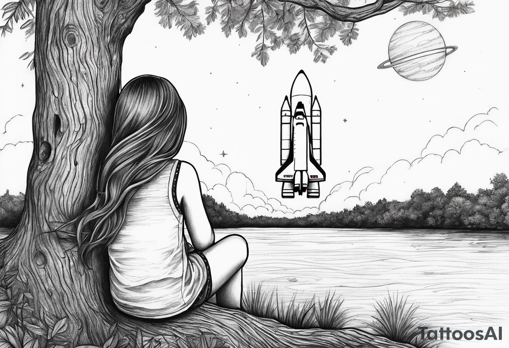 back of small girl in dress with long hair sitting on a tree branch watching a space shuttle launch in the distance tattoo idea