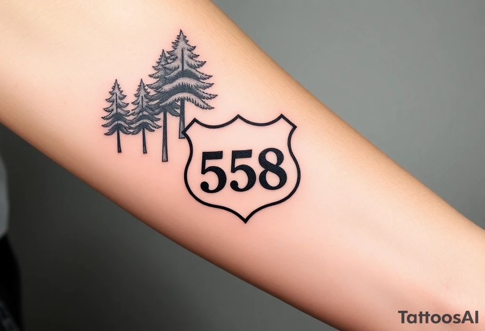 small State Route sign 558, with trees all around and a farm in background, road with a car tattoo idea