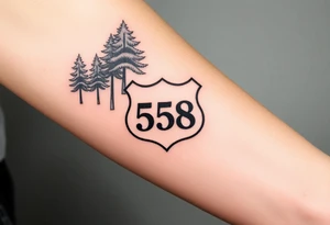 small State Route sign 558, with trees all around and a farm in background, road with a car tattoo idea