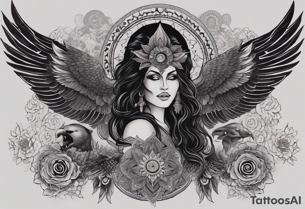 black kali, goddess pirate, alien, angel, pachamama, valkrye, warrior, flying, skull, lotus azul, wing, eagle, zenza resonance, stars, 5D, anahata chakra, death, durga, riding on a tiger, flying lady, kundalini, chest tatoo, samuri, rebel,s erpent tattoo idea