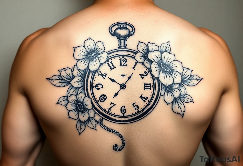 Antique pocket watch with flowers on it and the time is set to 5:03 tattoo idea