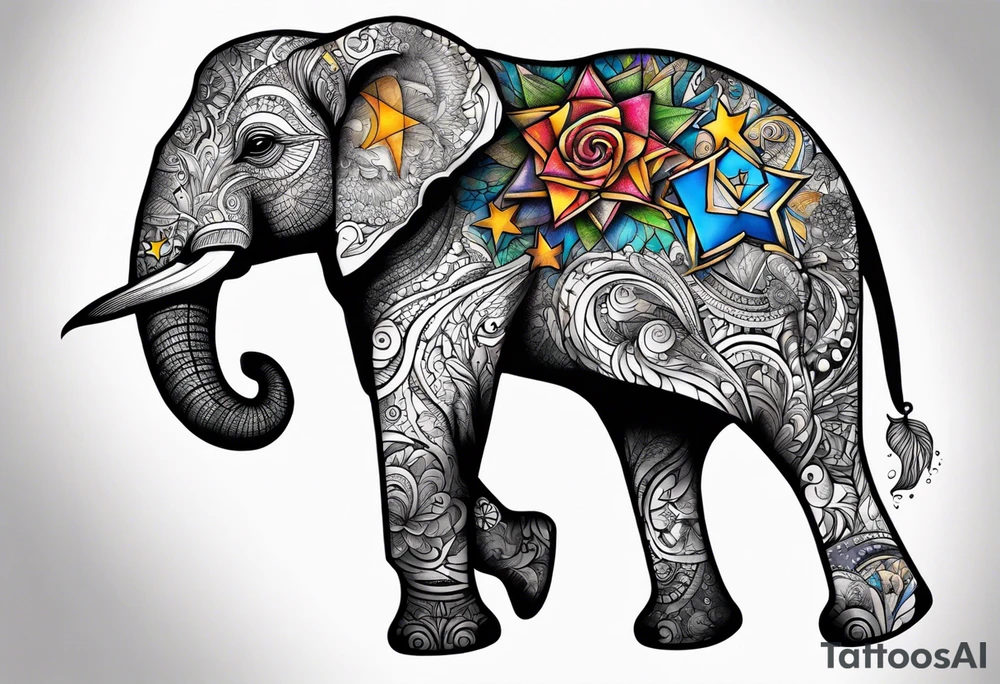 Delicate elephant holding Star of David in tip of trunk tattoo idea