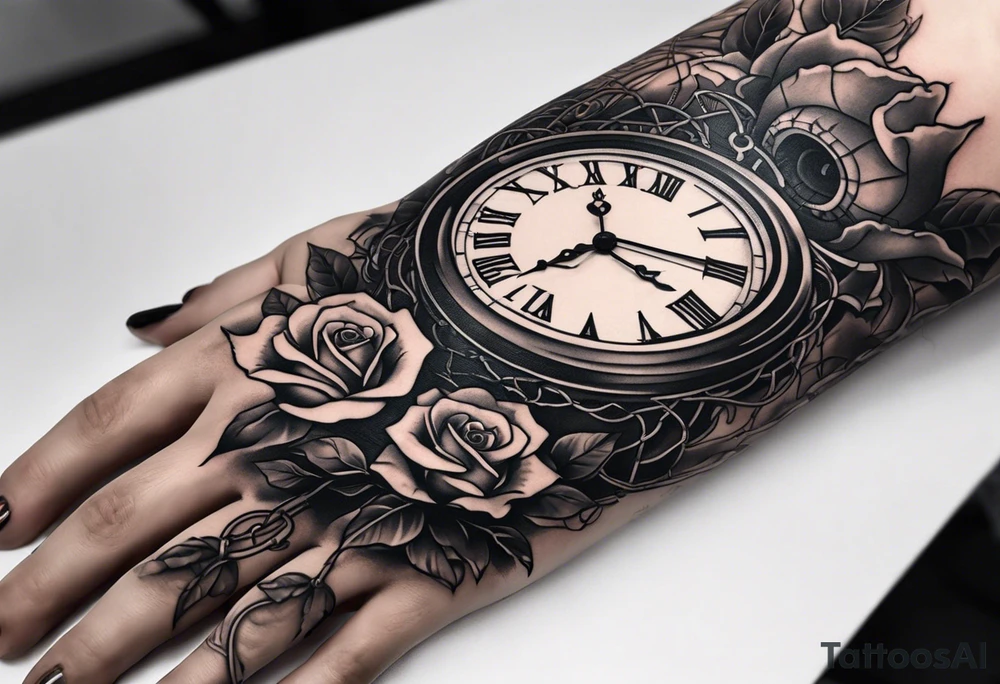 tattoo fool sleeve, tree roots break out of the chains at the bottom of the hand, broken mask, Clock with flying numbers, girl, skull, roses, less shadows tattoo idea