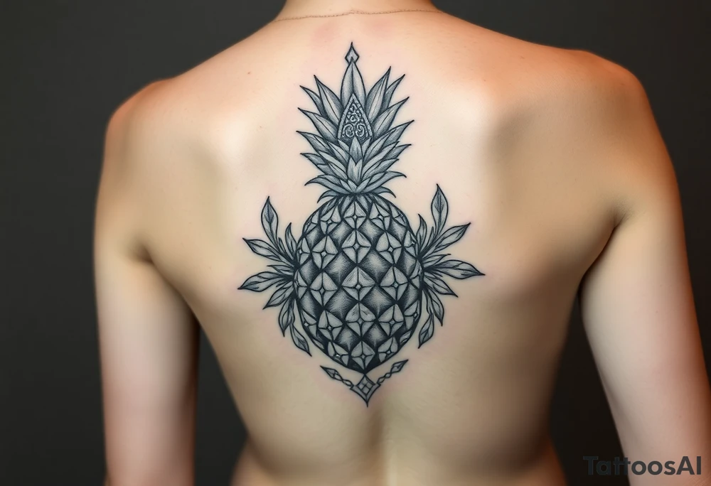 Design around a vagina and anus using a pineapple with diamonds and magestic, crown, vagina, anus, pubic tattoo idea