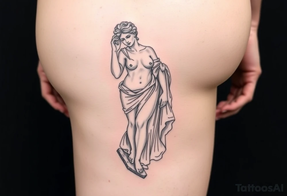 outer thigh tattoo greek sculpture female, fine line tattoo idea