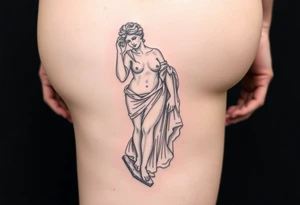 outer thigh tattoo greek sculpture female, fine line tattoo idea