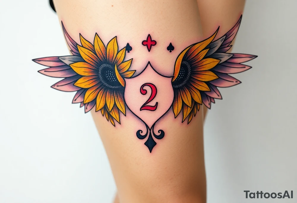 sunflower, wings, or halo with a 2 of clubs tattoo idea