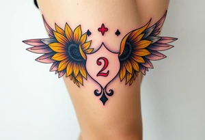 sunflower, wings, or halo with a 2 of clubs tattoo idea