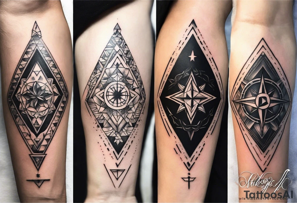 Fine line tattoo in the left forearm on the bottom side. The tattoo will have three shapes placed in a triangle formation. The top shape will be a either a plus sign or a heart that symbolizes health. The bottom left will have a compass rose or a shape symbol for purpose. The bottom right will have three circles placed in a triangle formation to symbolize family tattoo idea