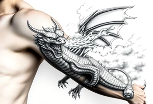 fierce dragon breathing iridescent fire against stormy skies tattoo idea