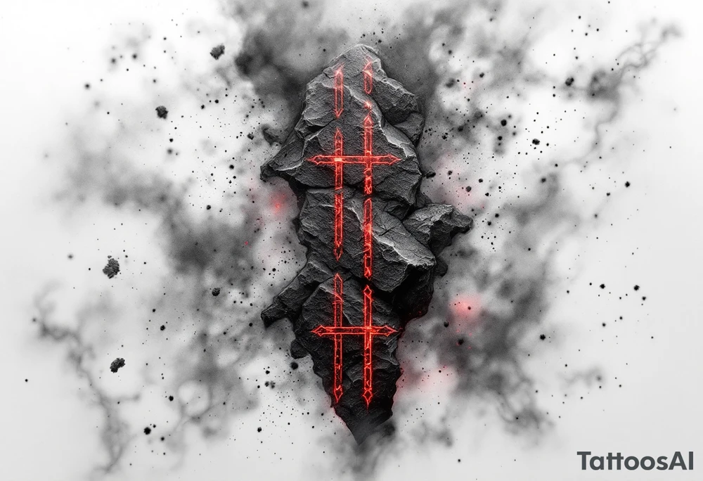 A tattoo featuring a vertical line of deep crimson Slavic runes, each carved with rough stone-like texture and glowing faintly, set against a black and smoky-gray background with subtle ash particles floating around. tattoo idea