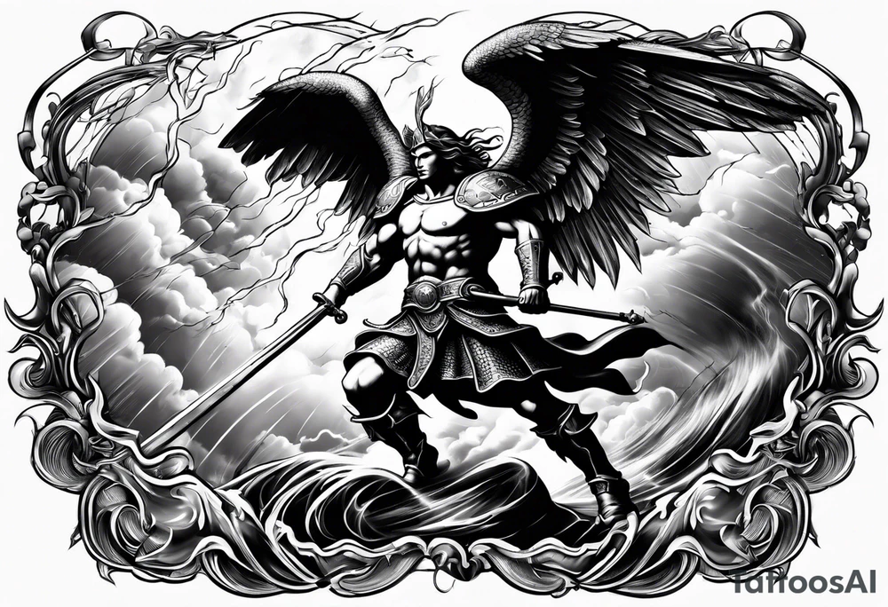 Saint Michael spearing the devil with stormy rain clouds lightning tattoo idea Saint Michael spearing the devil with stormy rain clouds lightning tattoo idea