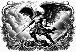 Saint Michael spearing the devil with stormy rain clouds lightning tattoo idea