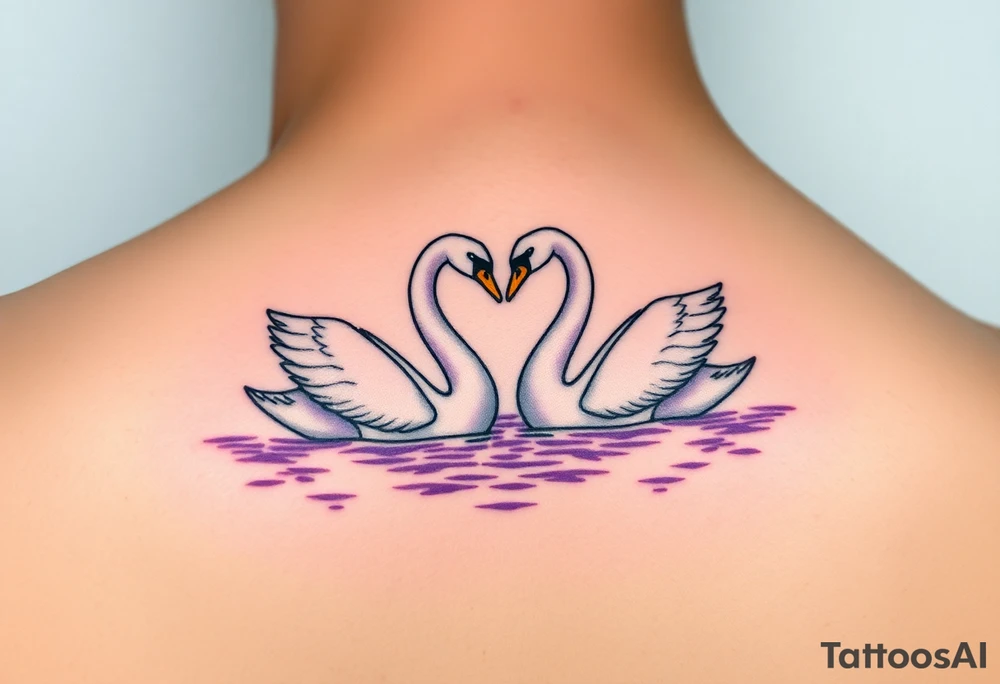 Two swans in graceful white with golden beaks, forming a heart with their necks, floating on a shimmering lavender-hued lake tattoo idea