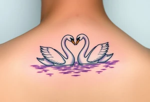 Two swans in graceful white with golden beaks, forming a heart with their necks, floating on a shimmering lavender-hued lake tattoo idea