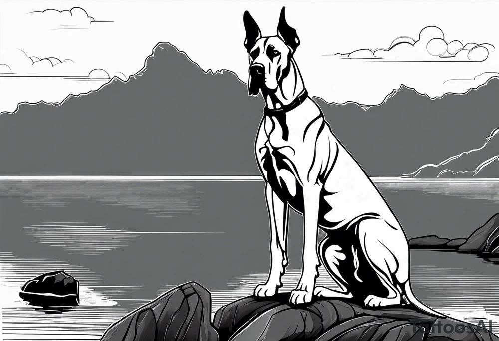 Arm sleeve for man with Great Dane (Full Tuxedo Color and floppy ears) standing proudly chest up on a rock in front of a body of water tattoo idea