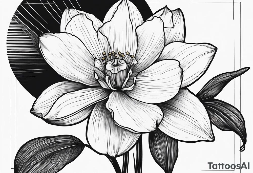 Black line work, delicate, narcissus flower with stem, add cursive uppercase I, finger tattoo tattoo idea