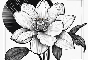 Black line work, delicate, narcissus flower with stem, add cursive uppercase I, finger tattoo tattoo idea