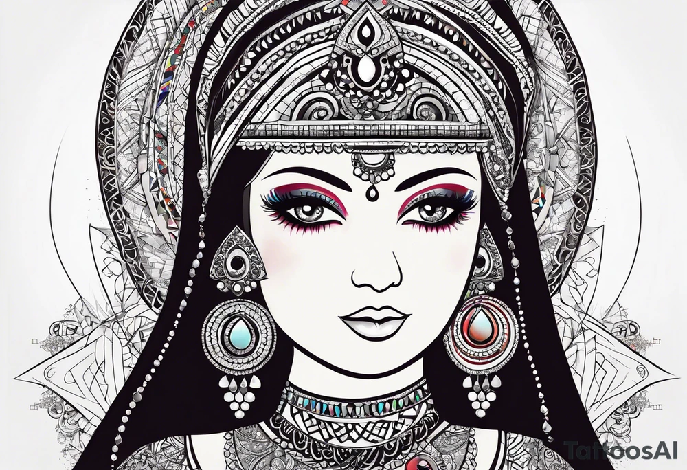 Russian doll with geometric patterns, with lots of Indian designs around the doll tattoo idea