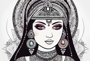 Russian doll with geometric patterns, with lots of Indian designs around the doll tattoo idea
