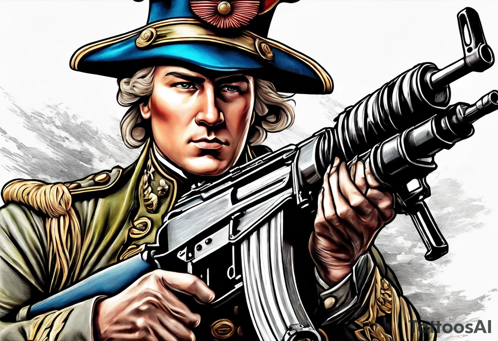 revolutionary war sodier running with a machine gun tattoo idea