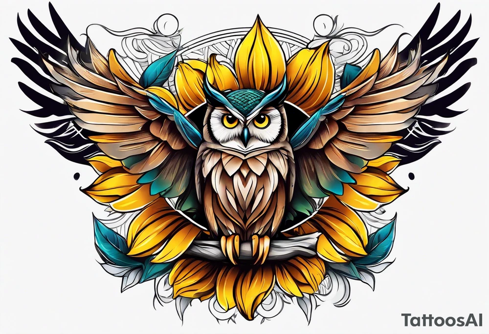 Owl and sunflower sleeve tattoo idea