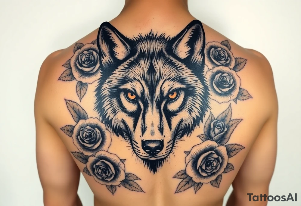 All black wolf half torso
(front facing) with orange eyes surrounded by blue roses tattoo idea