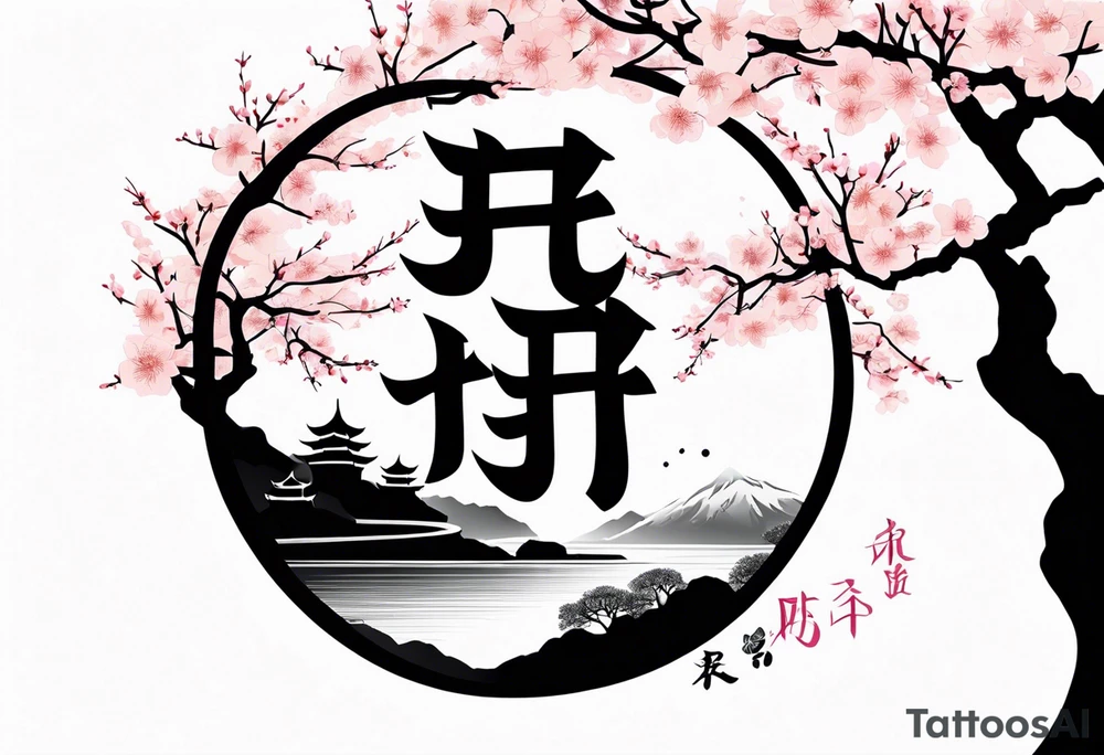 A circle of mist with cherry blossom trees on the left side growing upwards and downwards with the shadow kanji letter in the middle of the circle tattoo idea