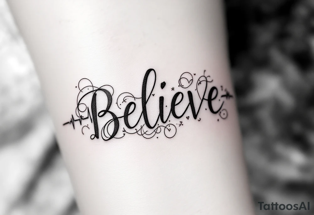 "Believe" in pink with a heartbeat line running through it, representing passion and belief in vitality and life. tattoo idea