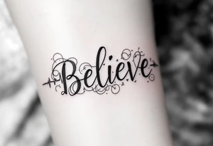 "Believe" in pink with a heartbeat line running through it, representing passion and belief in vitality and life. tattoo idea
