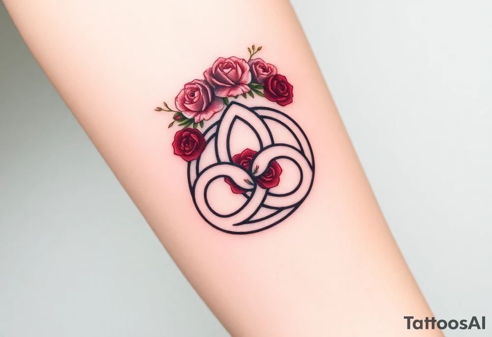 Celtic Trinity knot with a flower crown going through it made out of tiny maroon and blush pink colored roses tattoo idea