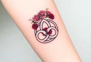 Celtic Trinity knot with a flower crown going through it made out of tiny maroon and blush pink colored roses tattoo idea