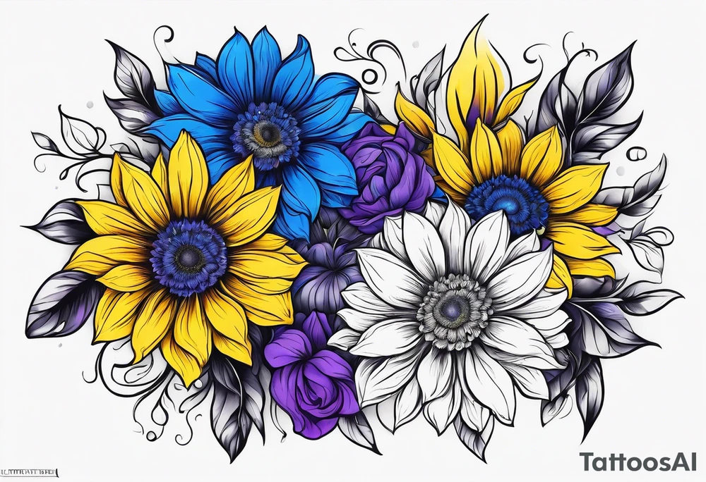 Blue yellow and purple sunfloflowers arm sleeve tattoo idea