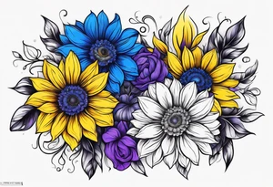 Blue yellow and purple sunfloflowers arm sleeve tattoo idea