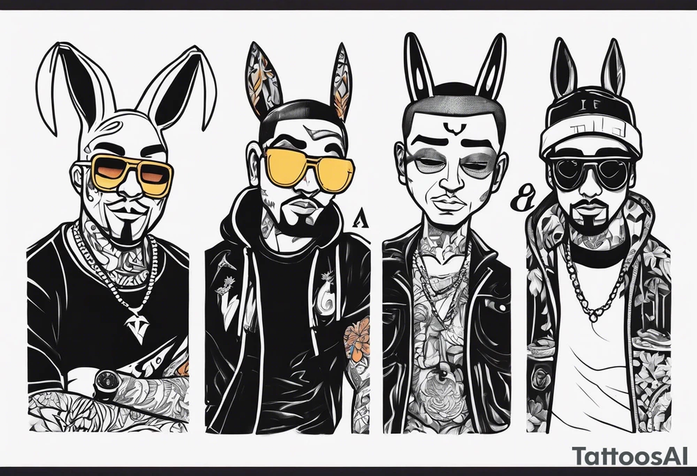 Characters from the albums of Mora, Eladio Carrion, Bad Bunny and Alvaro Diaz tattoo idea