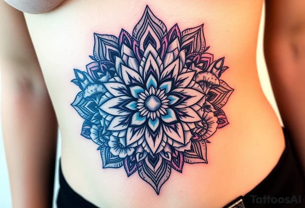 psychedelic  tattoo with crystals and  mandala style flowers and mushrooms under breast tattoo idea